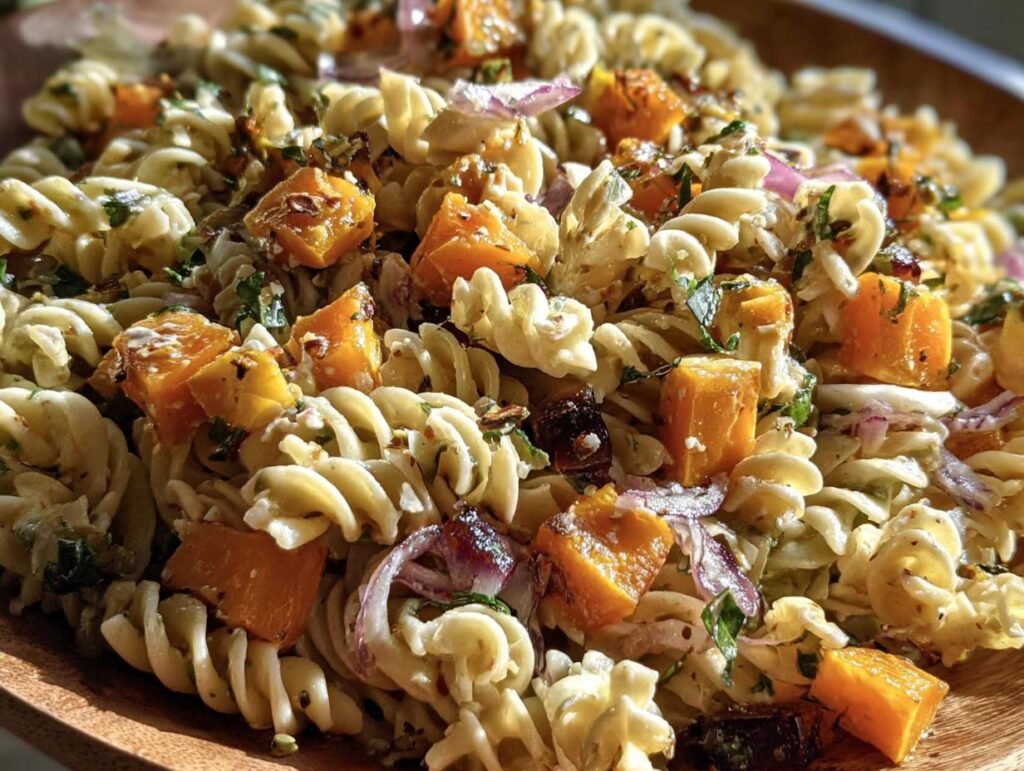 Close-up of Pasta Salad with Butternut squash, red onion, and herbs. A vibrant and flavorful dish.