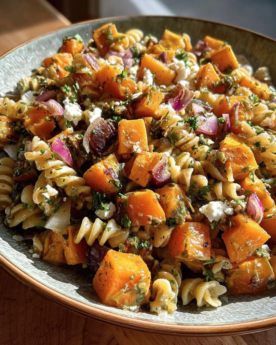 Close-up of Pasta Salad with Butternut, red onion, feta, and herbs in a bowl.