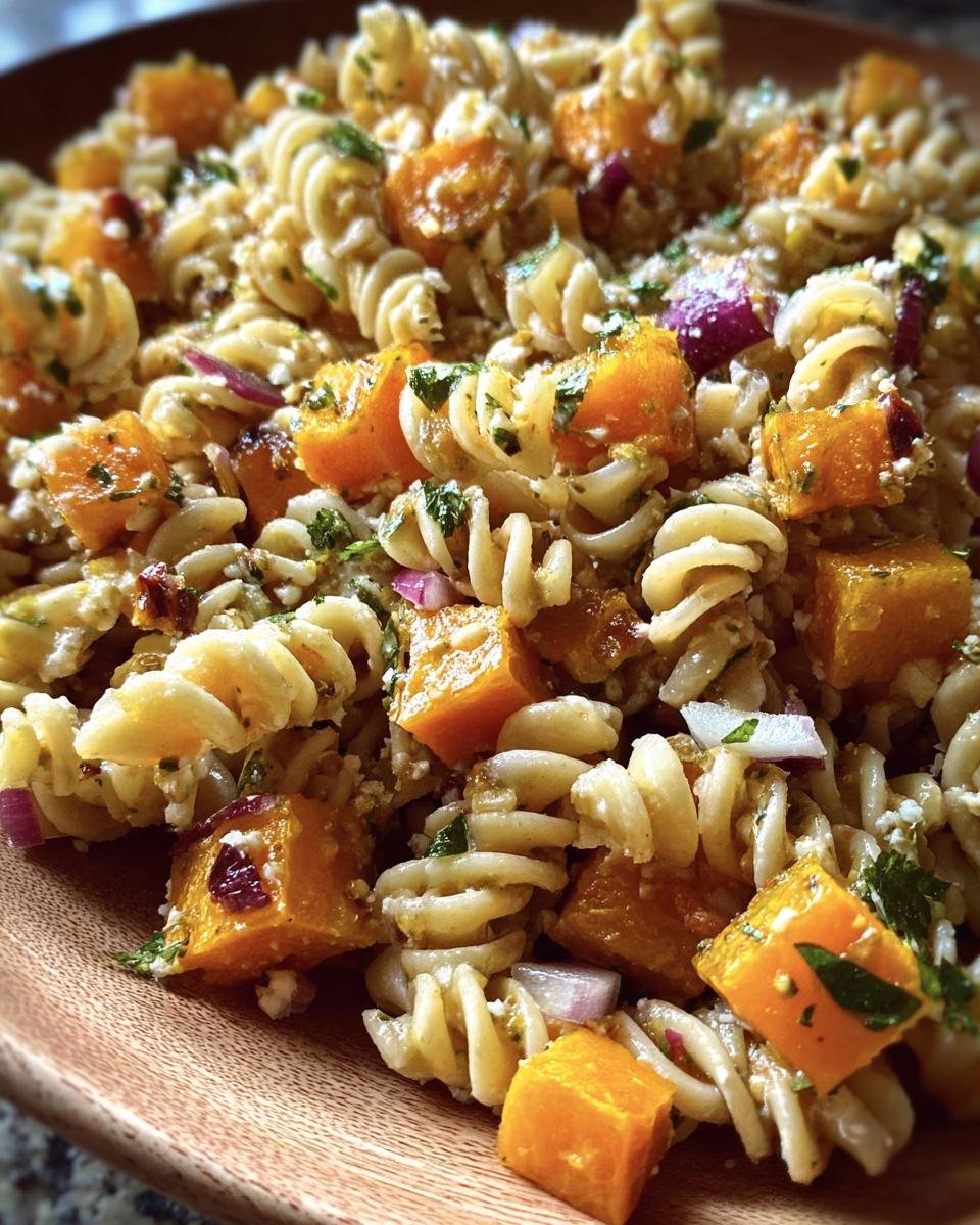 Close-up of Pasta Salad with Butternut, featuring spiral pasta, roasted butternut squash, and red onion.
