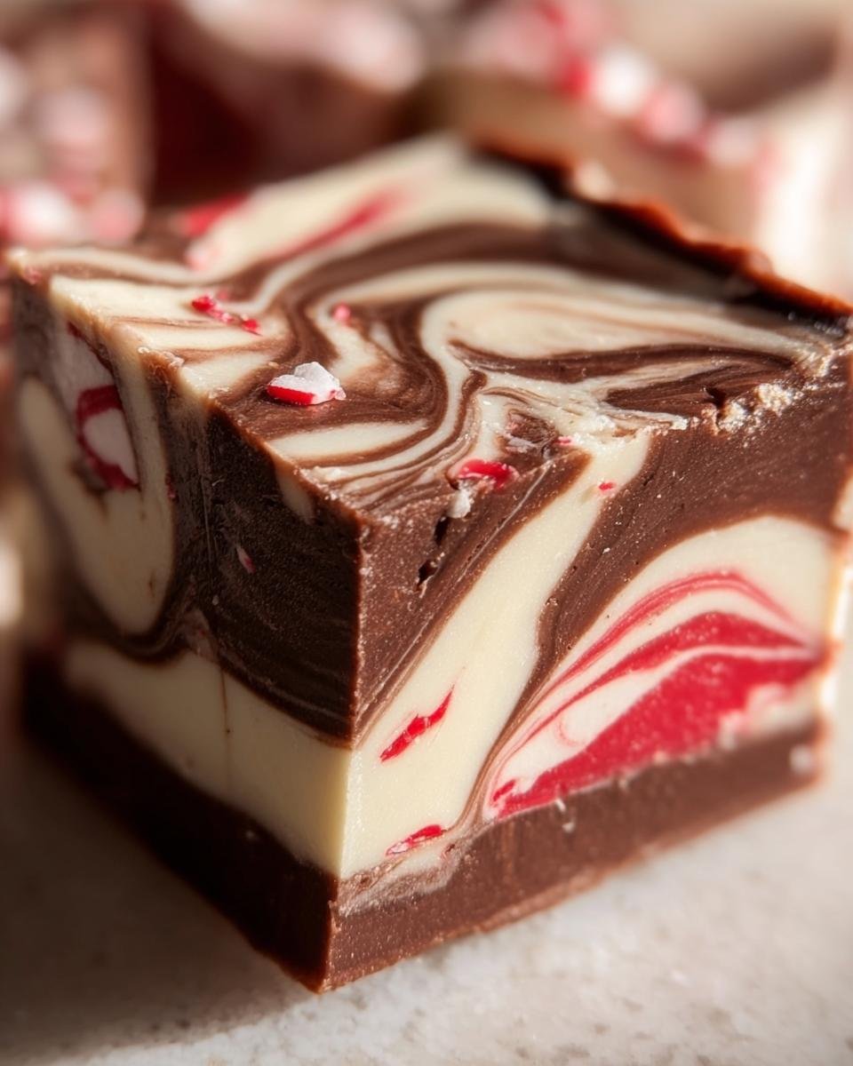 A close-up of a square of Peppermint Swirl Fudge, showing the layers and peppermint candy pieces.
