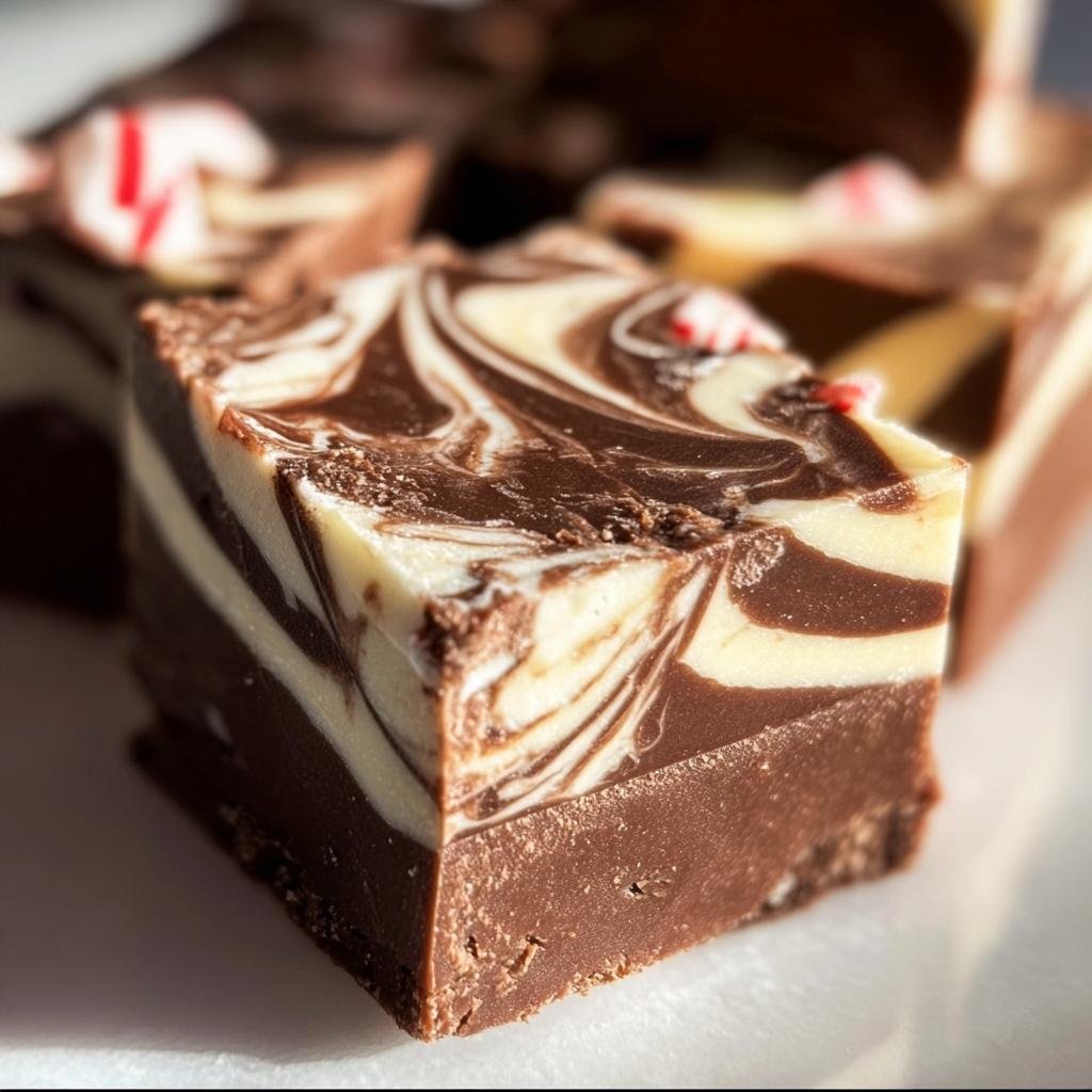 Close-up of a square of Peppermint Swirl Fudge, showing the chocolate and white swirl and peppermint candy pieces.