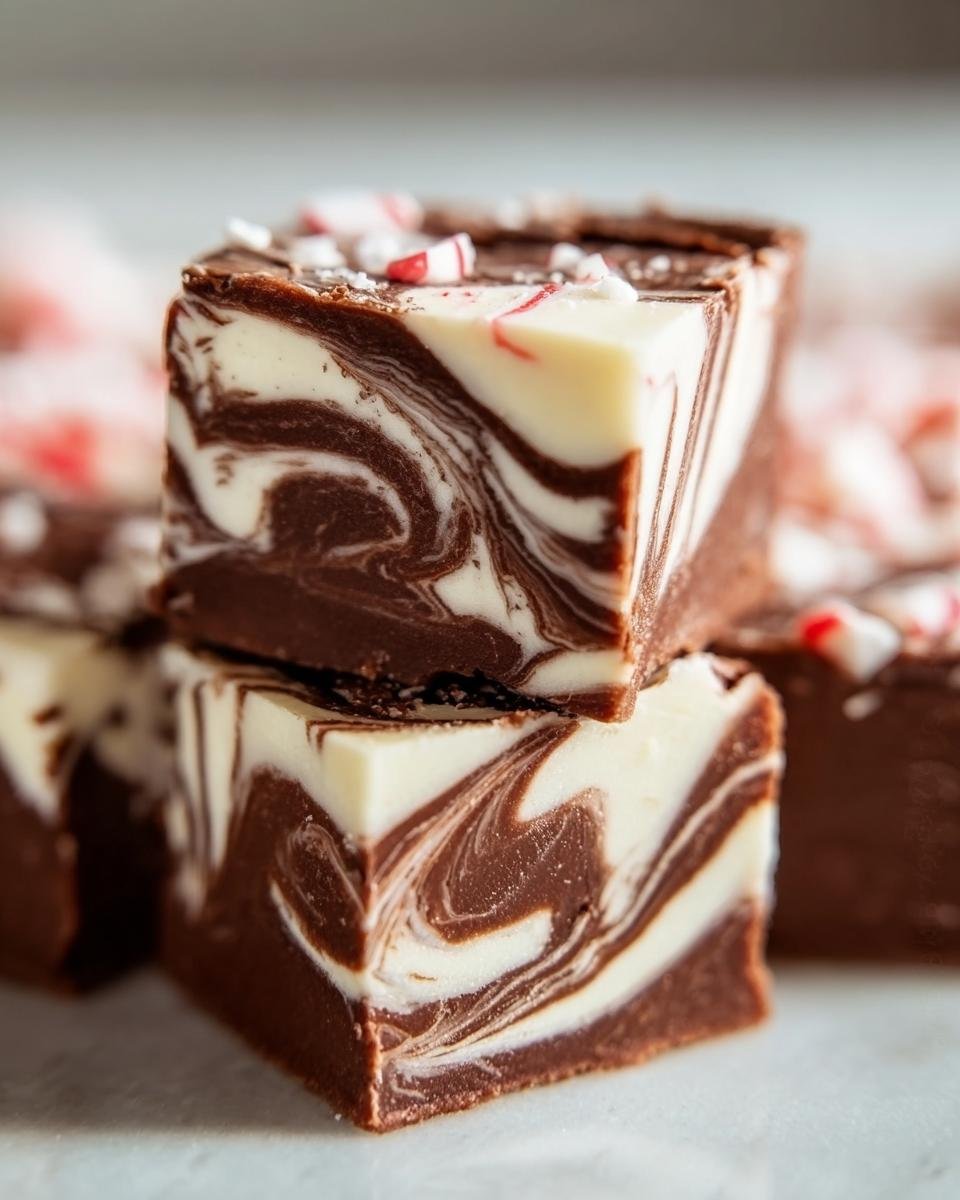 Close-up of stacked peppermint swirl fudge squares with a marbleized chocolate and white swirl pattern, topped with crushed peppermint candy.