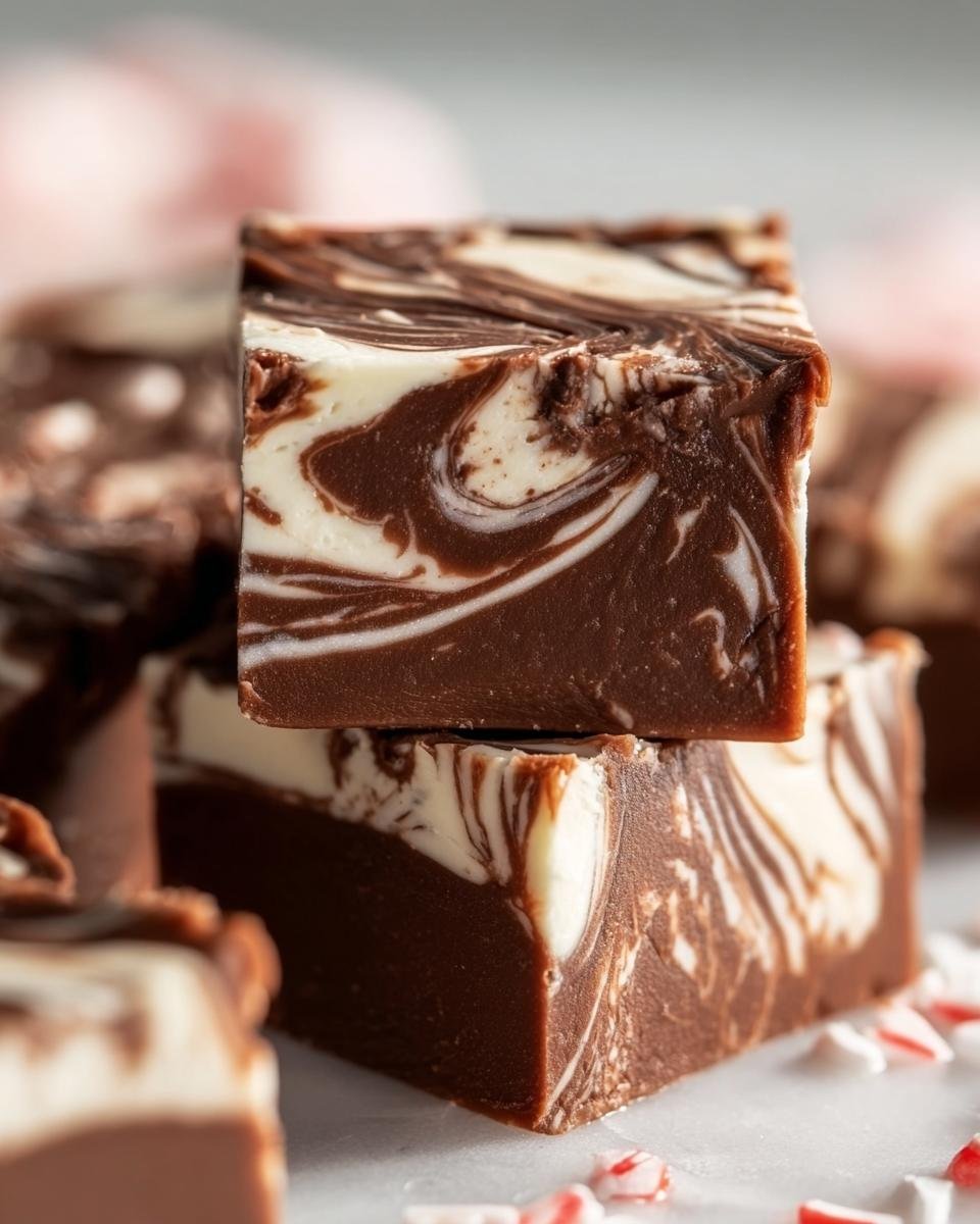 Close-up of stacked pieces of Peppermint Swirl Fudge, showcasing the chocolate and white swirl pattern.