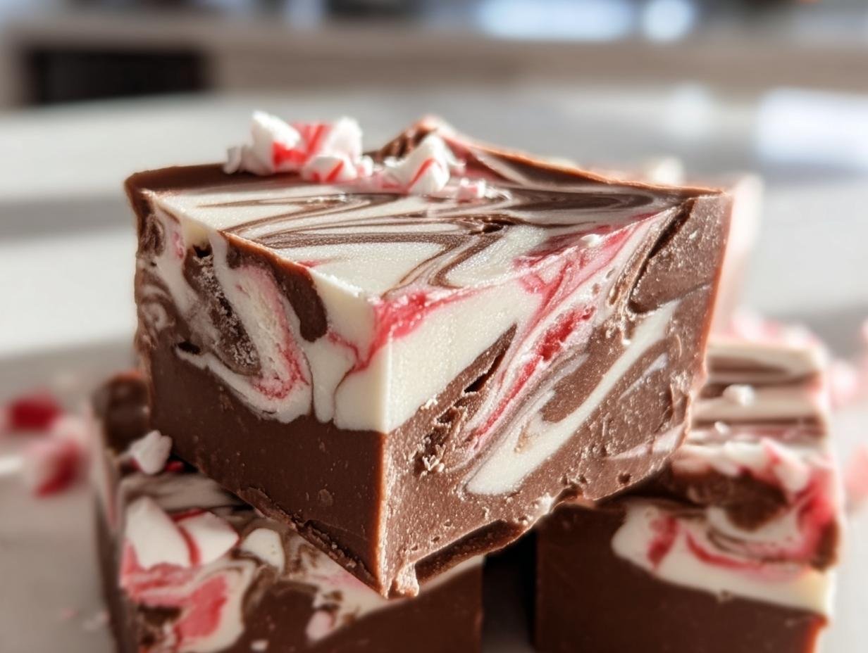 A stack of homemade Peppermint Swirl Fudge, showing the chocolate base and peppermint swirl topping.