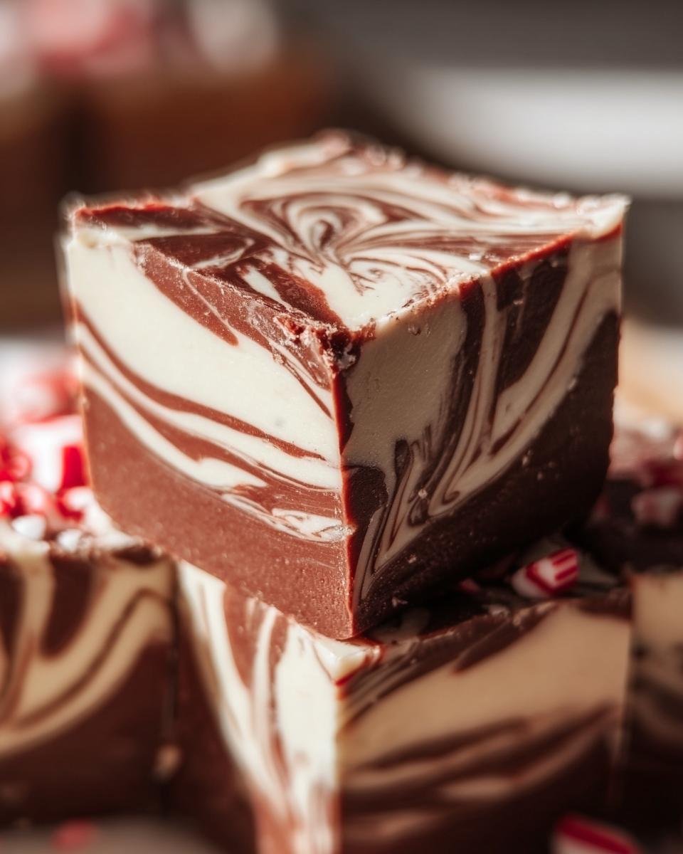 Close-up of stacked Peppermint Swirl Fudge pieces, showcasing the chocolate and white swirl pattern.