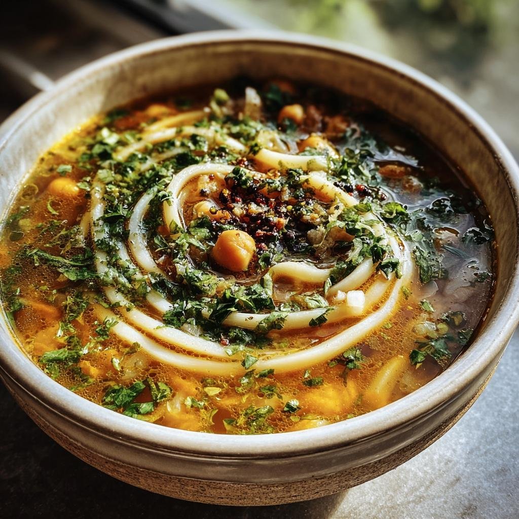 A close-up of Persian Noodle Soup in a rustic bowl, garnished with fresh herbs and chickpeas.