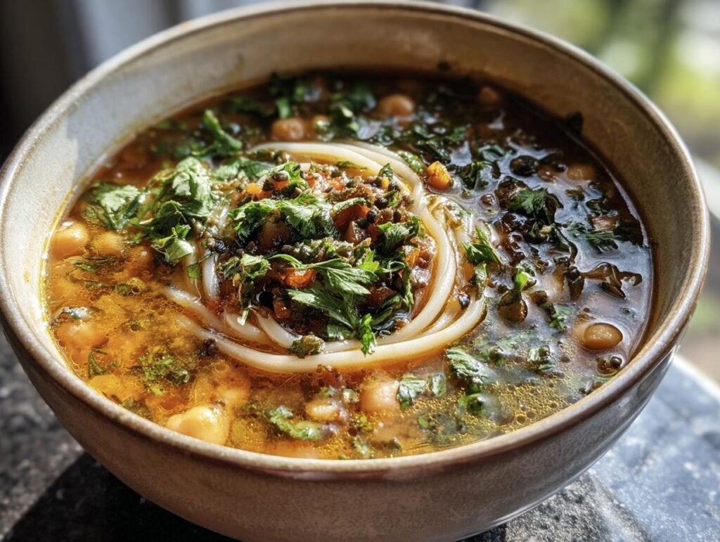 A bowl of Persian Noodle Soup garnished with fresh herbs and chickpeas, showcasing its rich broth and comforting noodles.