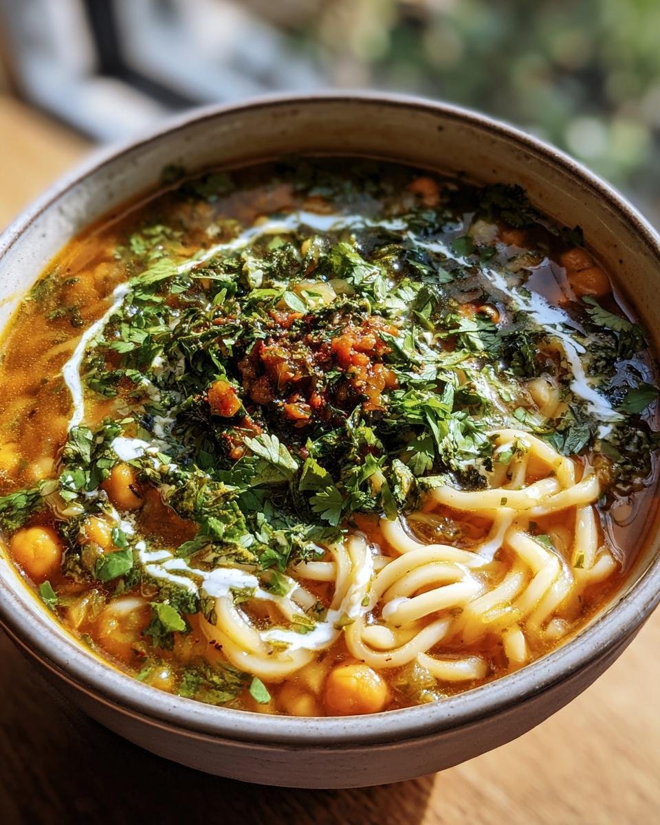 A bowl of Persian Noodle Soup, garnished with fresh herbs, chickpeas, noodles, and a swirl of cream.