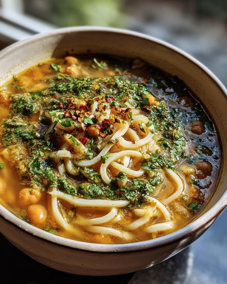 A close-up of a bowl of Persian Noodle Soup, garnished with fresh herbs and chili flakes.