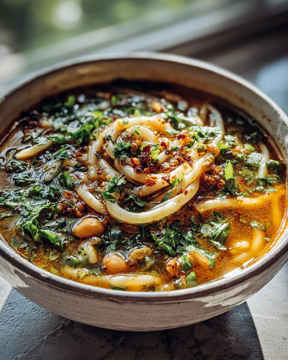 A close-up of a bowl of Persian Noodle Soup, garnished with fresh herbs and spices.