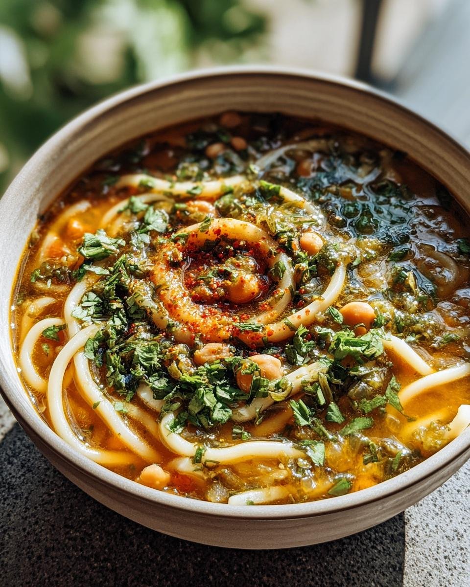 A bowl of Persian Noodle Soup, garnished with fresh herbs and spices, featuring thick noodles and beans.