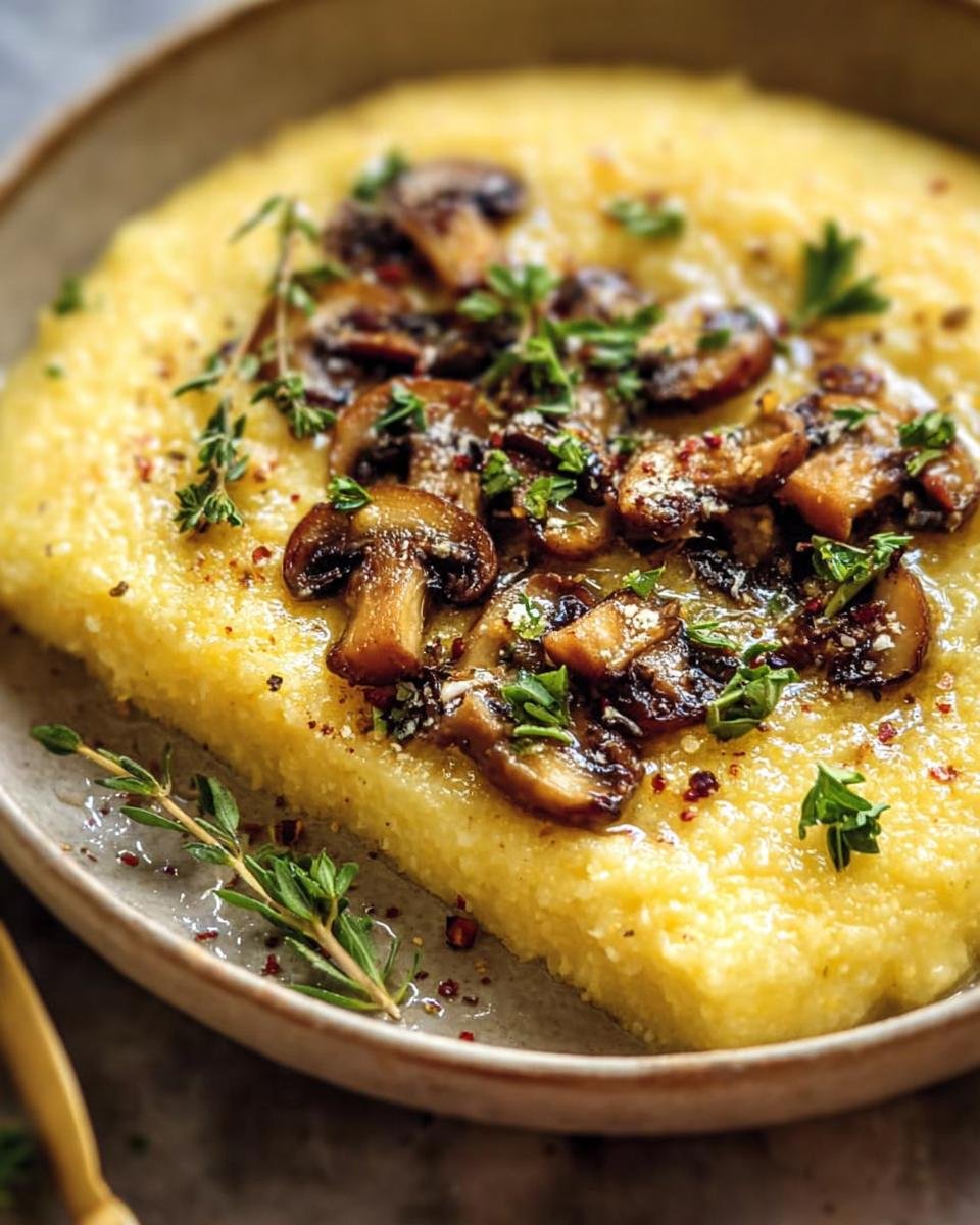 Close-up of Polenta With Parmesan - MushroomSalus, topped with sautéed mushrooms and fresh herbs.