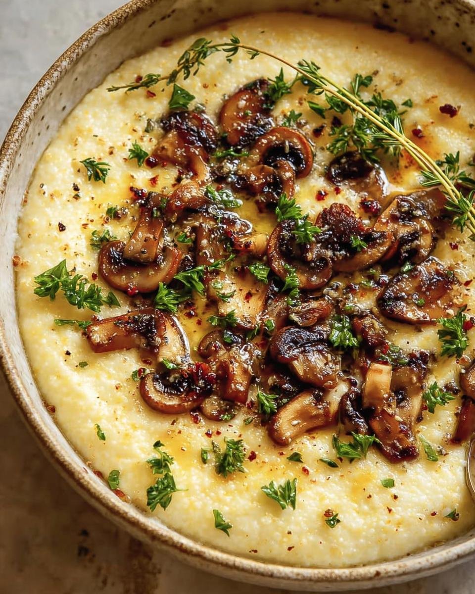 Creamy Polenta With Parmesan topped with sautéed mushrooms, parsley, and thyme.