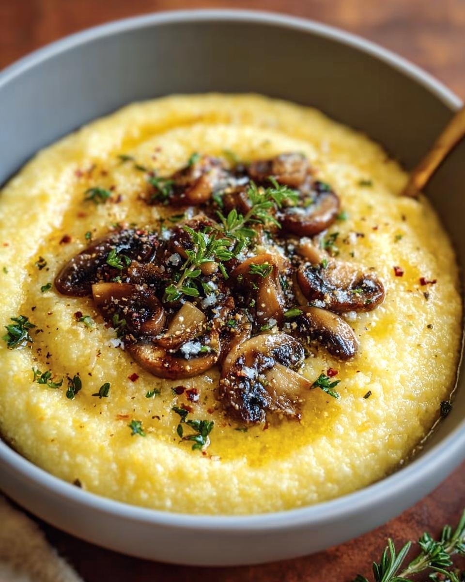 Bowl of Polenta With Parmesan topped with sauteed mushrooms, herbs, and a drizzle of olive oil.
