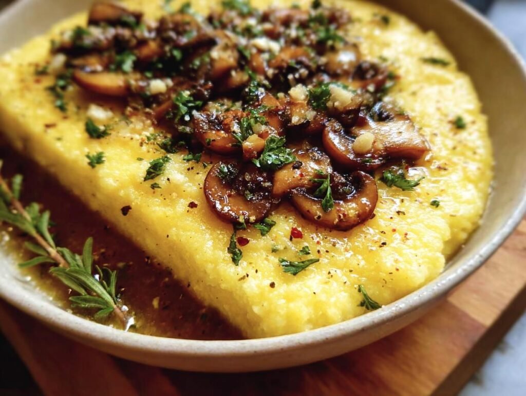Close-up of creamy Polenta With Parmesan, topped with sauteed mushrooms and fresh herbs.