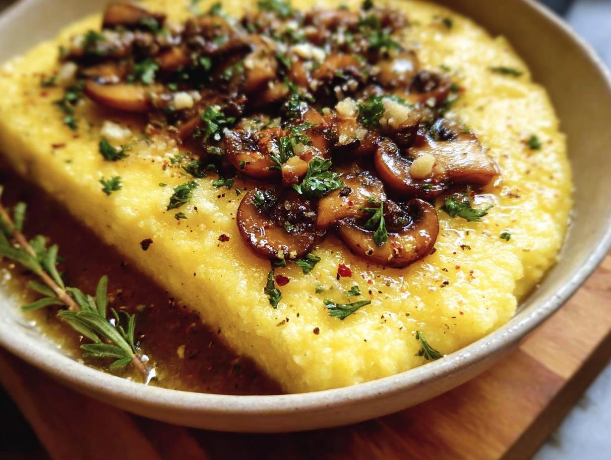 Close-up of creamy Polenta With Parmesan, topped with sauteed mushrooms and fresh herbs.