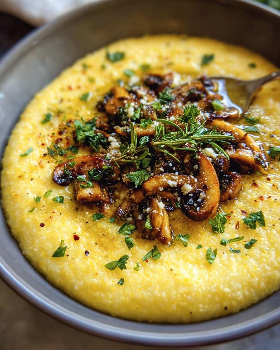 Bowl of Polenta With Parmesan topped with sautéed mushrooms, herbs, and a fork.