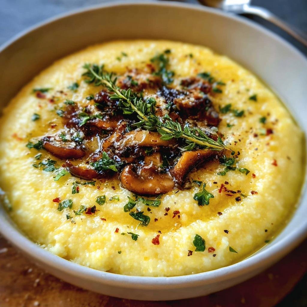Bowl of creamy Polenta With Parmesan topped with sautéed mushrooms, herbs, and a sprig of thyme.