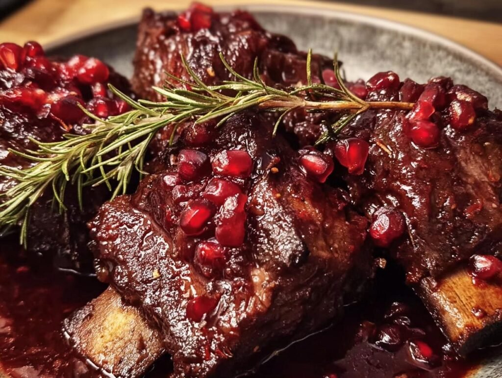 Close-up of Pomegranate Braised Short Ribs garnished with pomegranate seeds and rosemary.