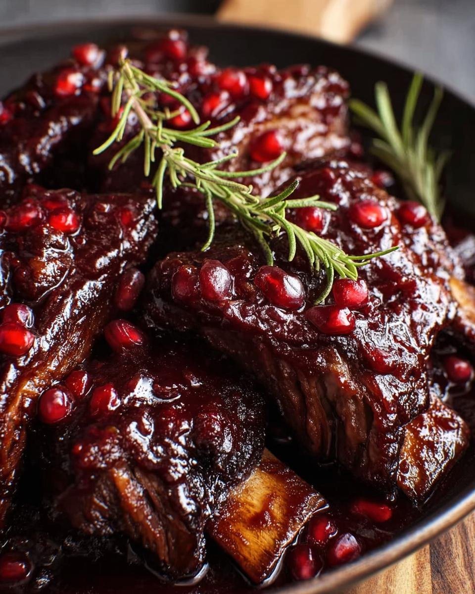 Close-up of glistening Pomegranate Braised Short Ribs garnished with fresh rosemary and pomegranate seeds.