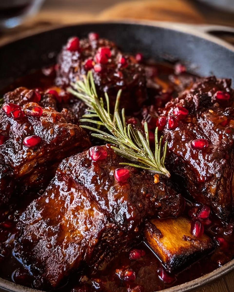 Close-up of Pomegranate Braised Short Ribs garnished with pomegranate seeds and rosemary.