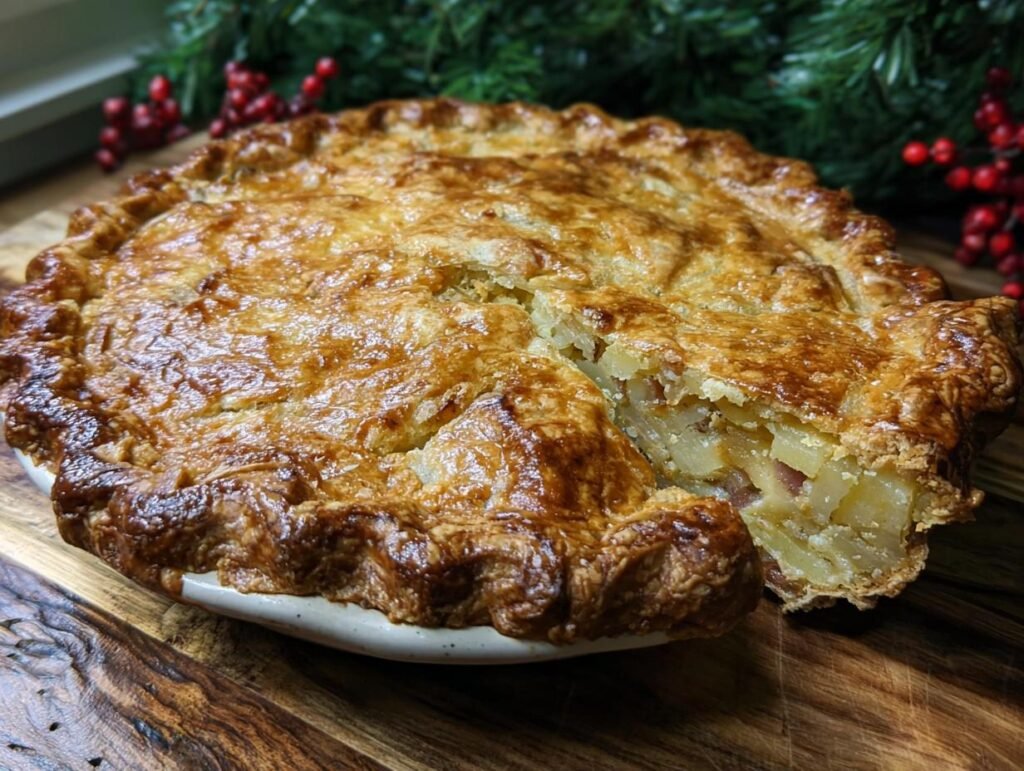 A whole Potato Bacon Pie with a slice cut out, showcasing the potato and bacon filling and flaky golden crust.