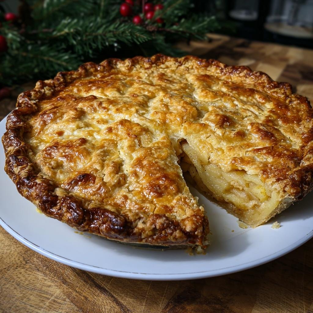 A delicious Potato Bacon Pie with a slice cut out, revealing the savory filling. Golden brown crust.