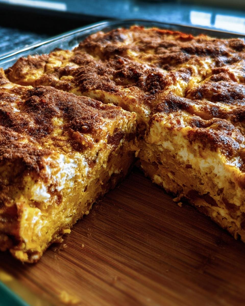 Close-up of Protein Cottage Cheese Pumpkin Bake with a slice cut out, showing layers of filling and topping.