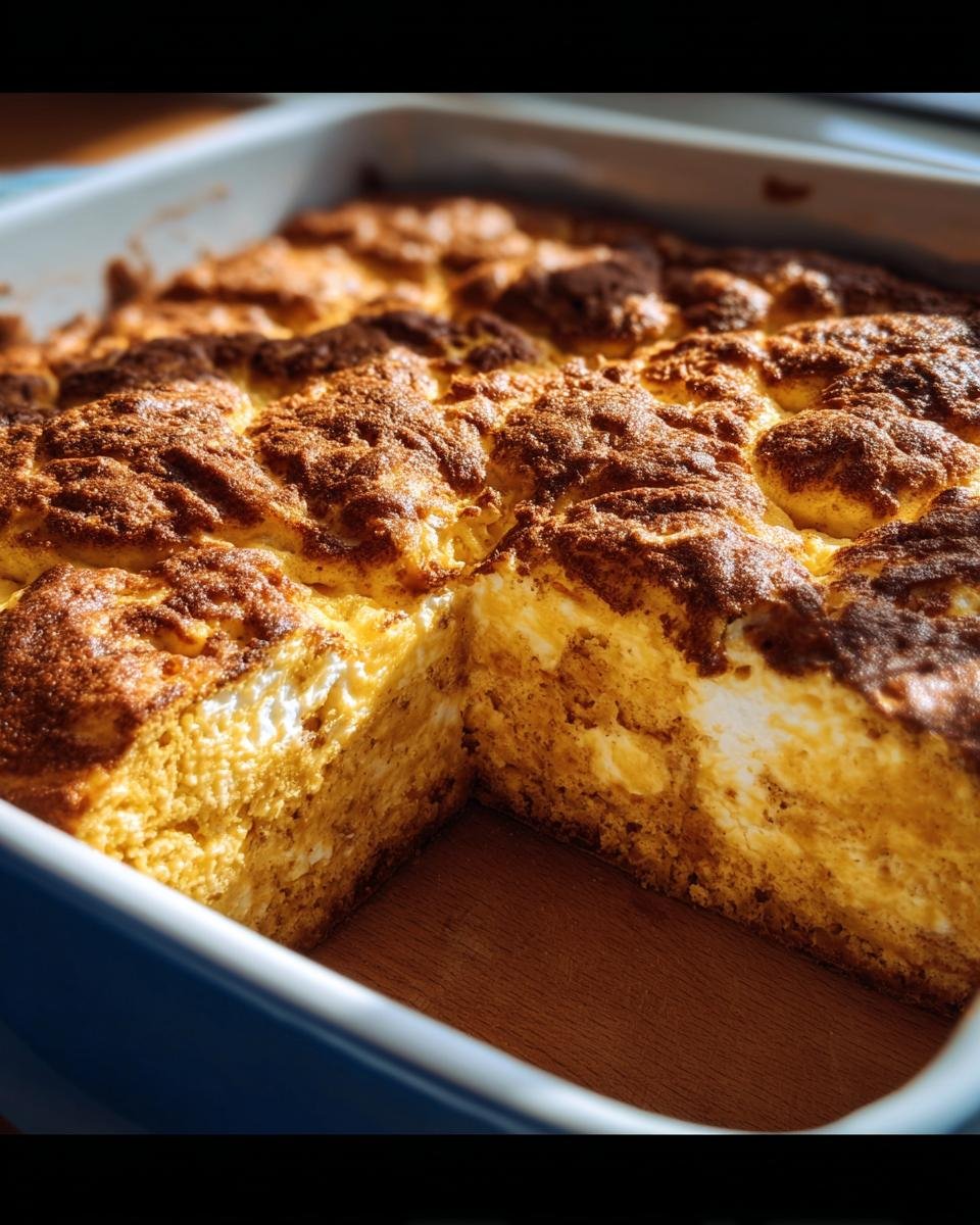 A freshly baked Protein Cottage Cheese Pumpkin Bake in a blue baking dish, showing a cut slice.
