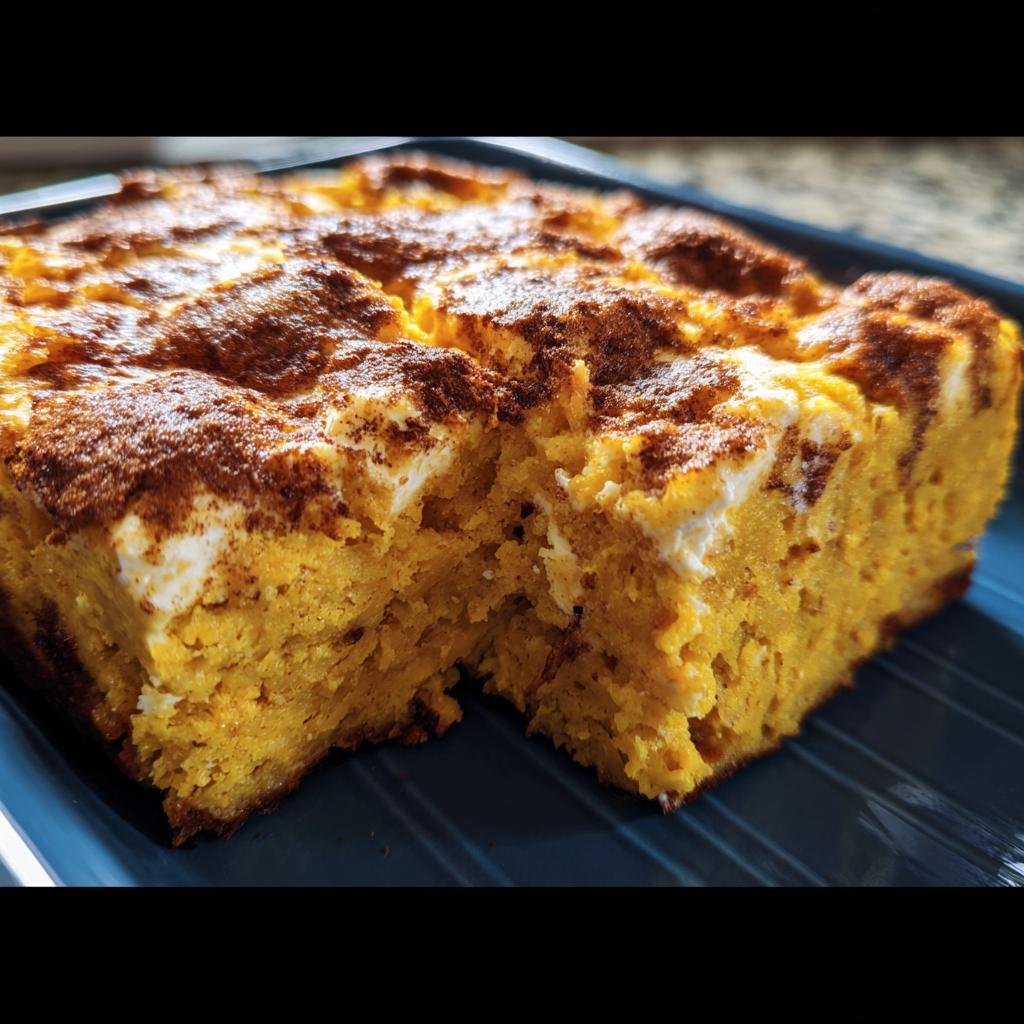 A slice of Protein Cottage Cheese Pumpkin Bake on a blue plate, showcasing the texture and ingredients.