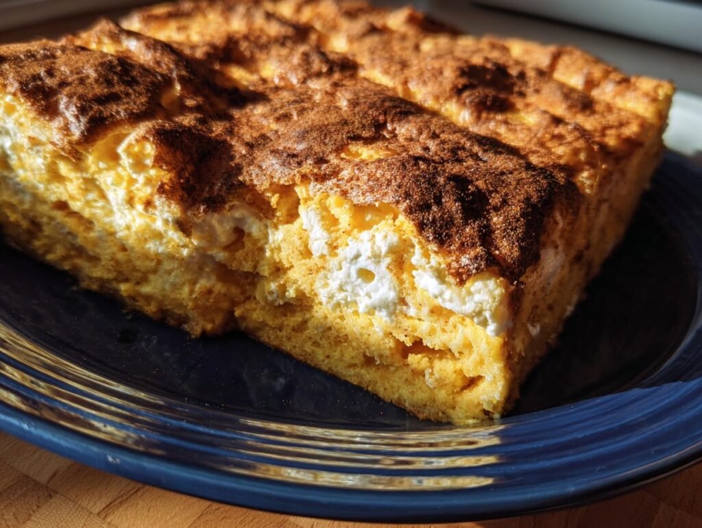 A slice of Protein Cottage Cheese Pumpkin Bake on a blue plate, showing the pumpkin and cottage cheese layers.