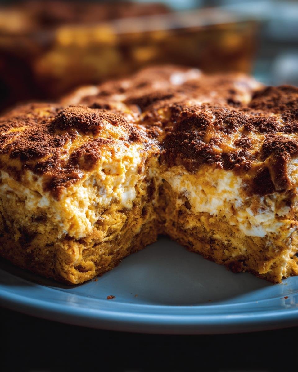 A slice of Protein Cottage Cheese Pumpkin Bake with visible layers and a cocoa powder topping.