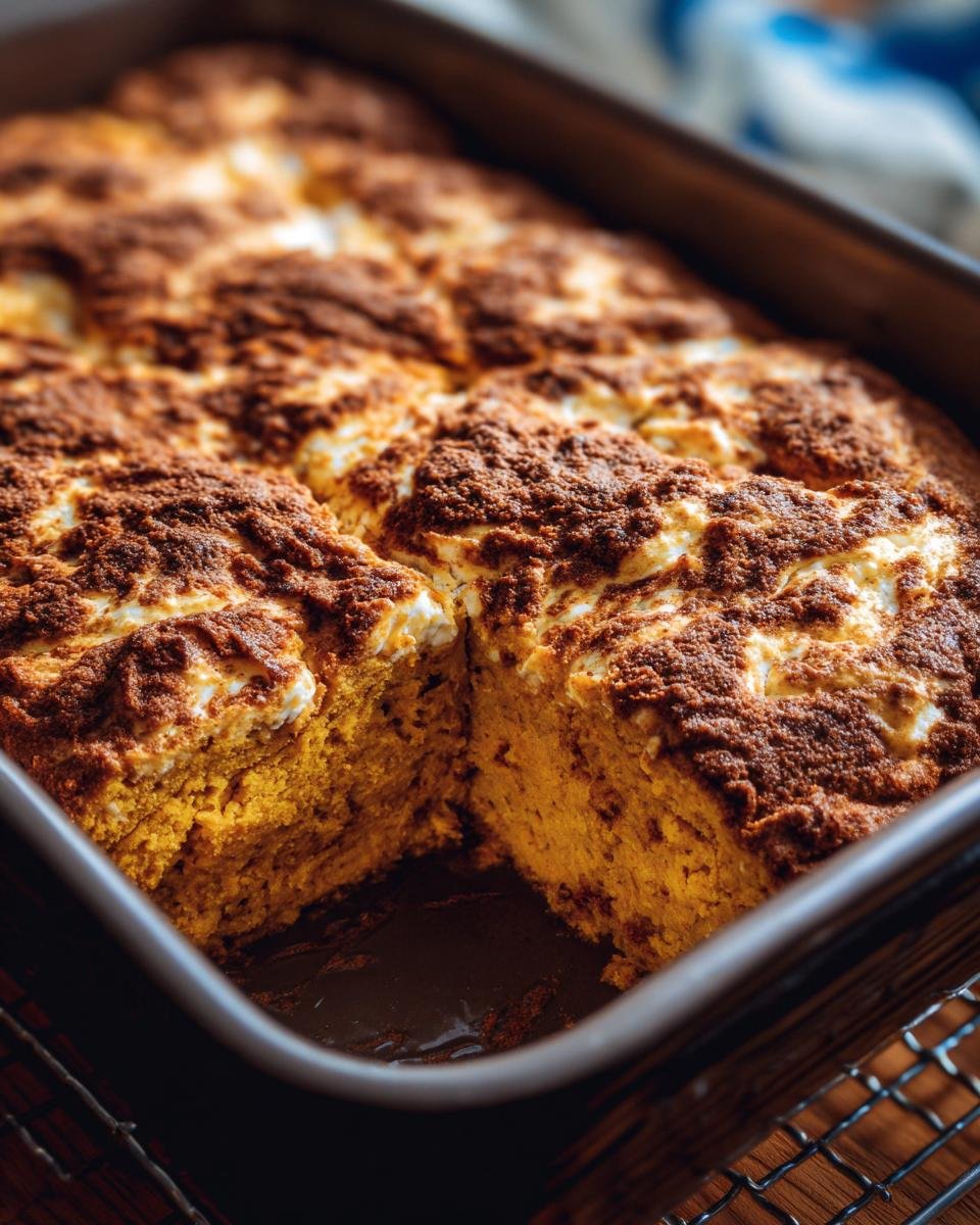 A freshly baked Protein Cottage Cheese Pumpkin Bake in a baking pan, with a slice cut out.