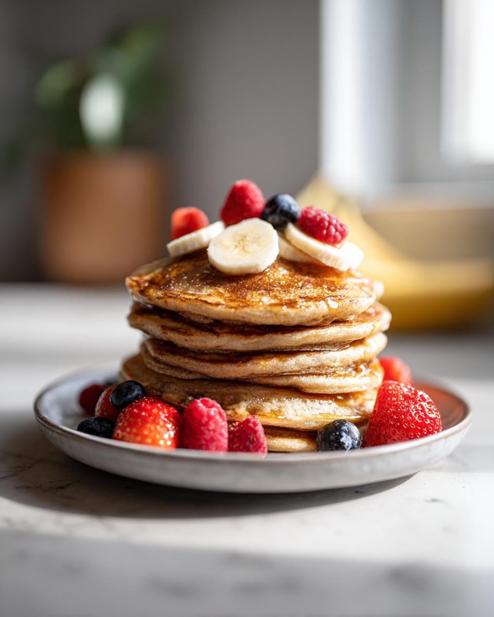 A stack of Protein Ghost Pancakes topped with fresh berries and banana slices on a plate.