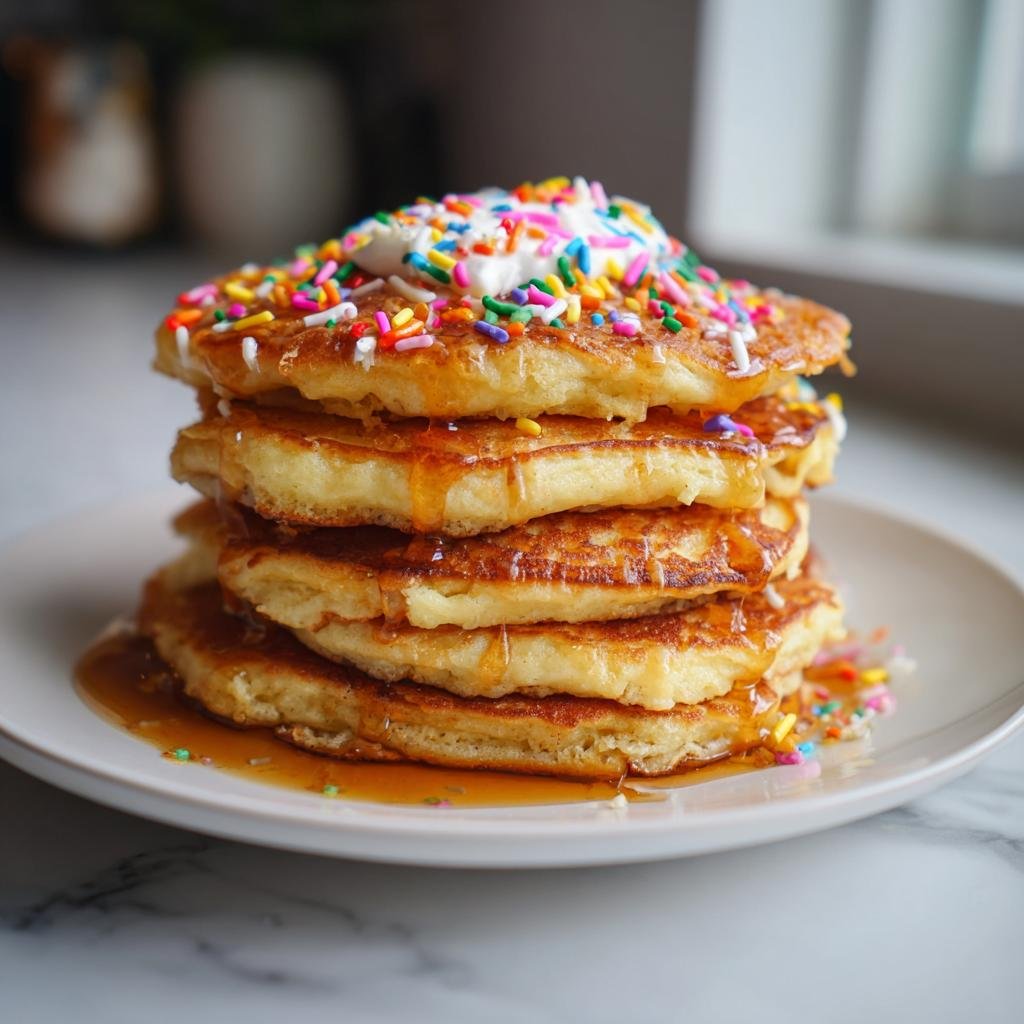 A stack of Protein Ghost Pancakes drizzled with syrup, topped with whipped cream and colorful sprinkles.