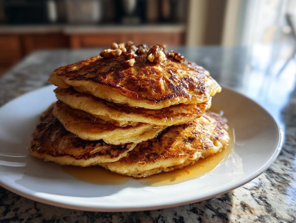 A stack of golden Protein Ghost Pancakes drizzled with syrup and topped with nuts.