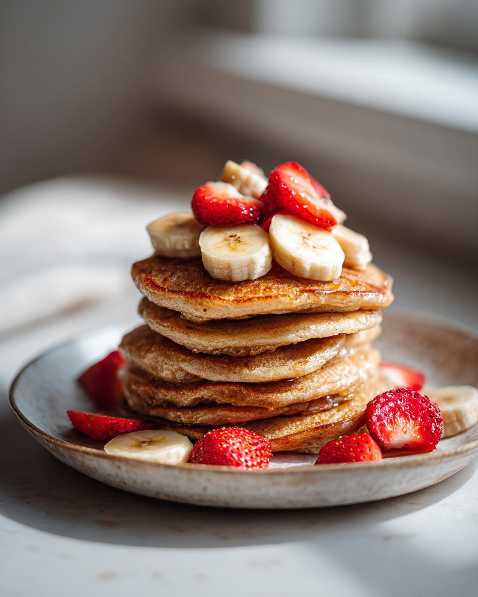 A stack of Protein Ghost Pancakes topped with sliced bananas and strawberries on a plate.