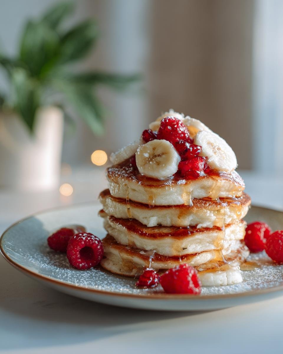 A stack of Protein Ghost Pancakes topped with bananas, raspberries, and syrup, dusted with powdered sugar.