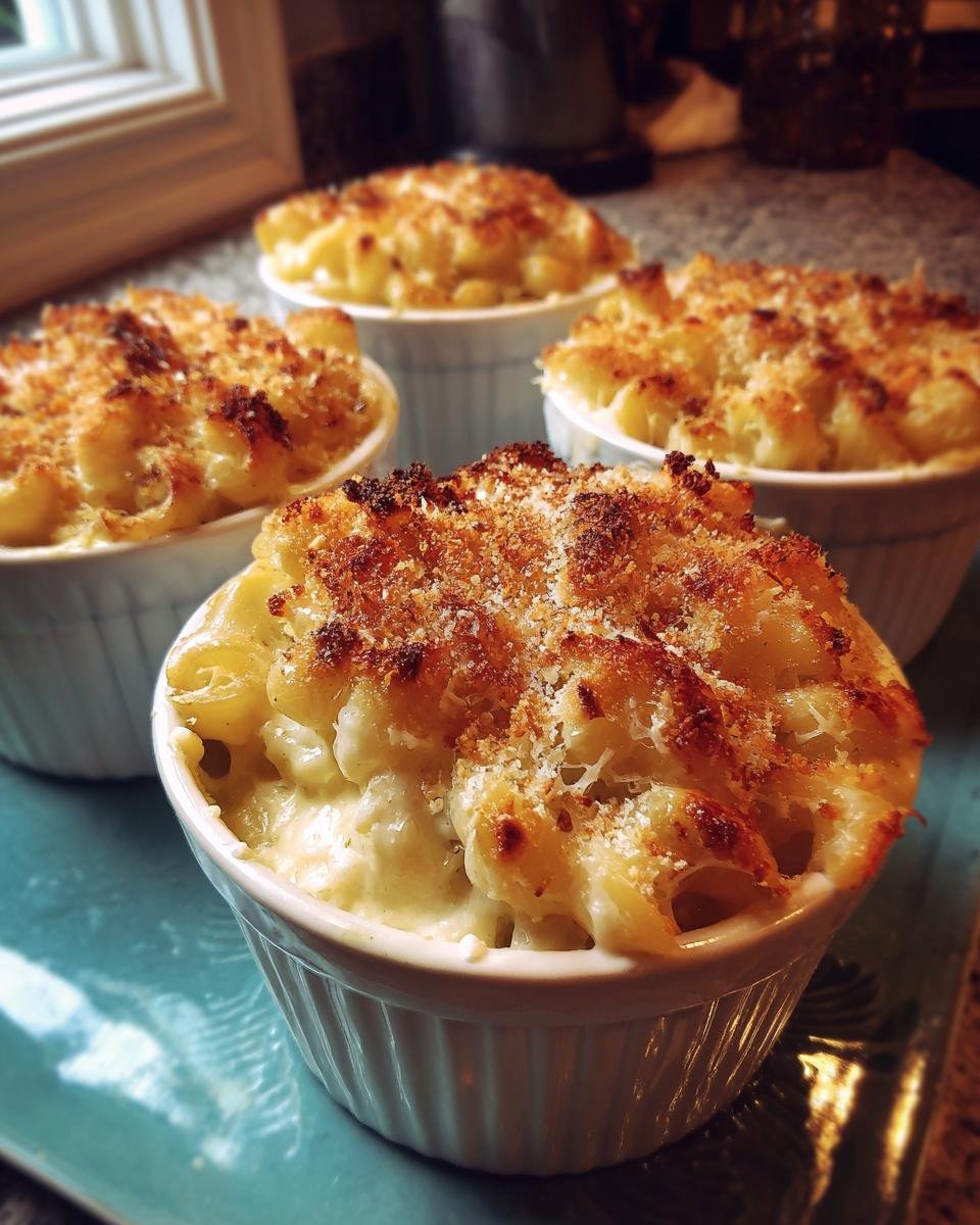 Four servings of Pumpkin Alfredo Pasta Cauldrons, baked and topped with breadcrumbs in individual ramekins.