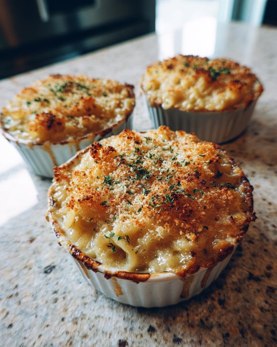 Three individual Pumpkin Alfredo Pasta Cauldrons in white ramekins, topped with toasted breadcrumbs and herbs.