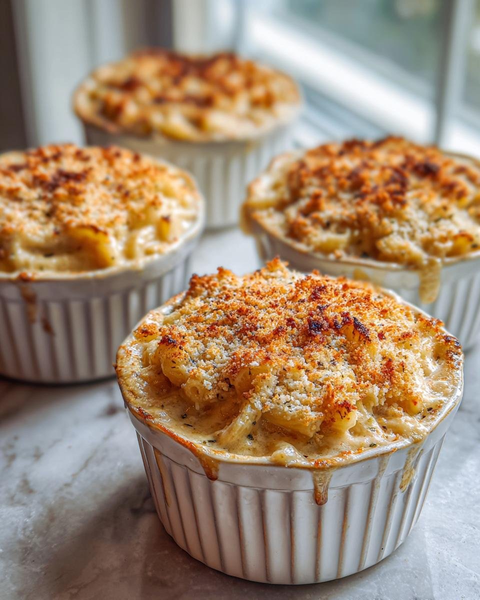 Four individual Pumpkin Alfredo Pasta Cauldrons in white ramekins, topped with golden brown breadcrumbs.
