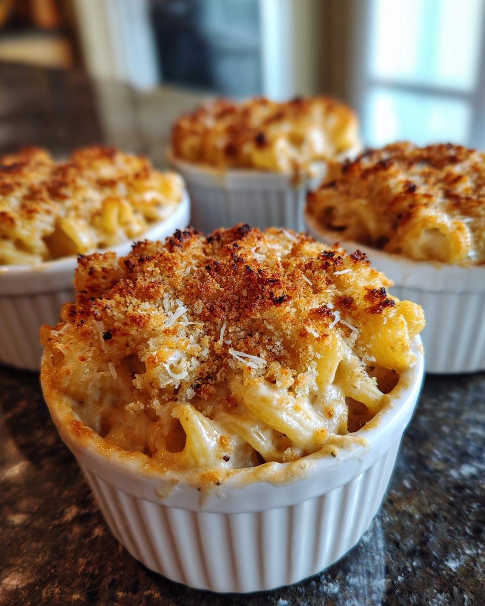 Individual servings of Pumpkin Alfredo Pasta Cauldrons baked in white ramekins with a golden-brown topping.