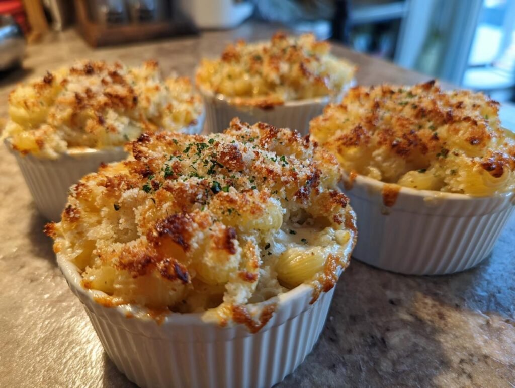 Four ramekins filled with Pumpkin Alfredo Pasta Cauldrons, topped with breadcrumbs and herbs.