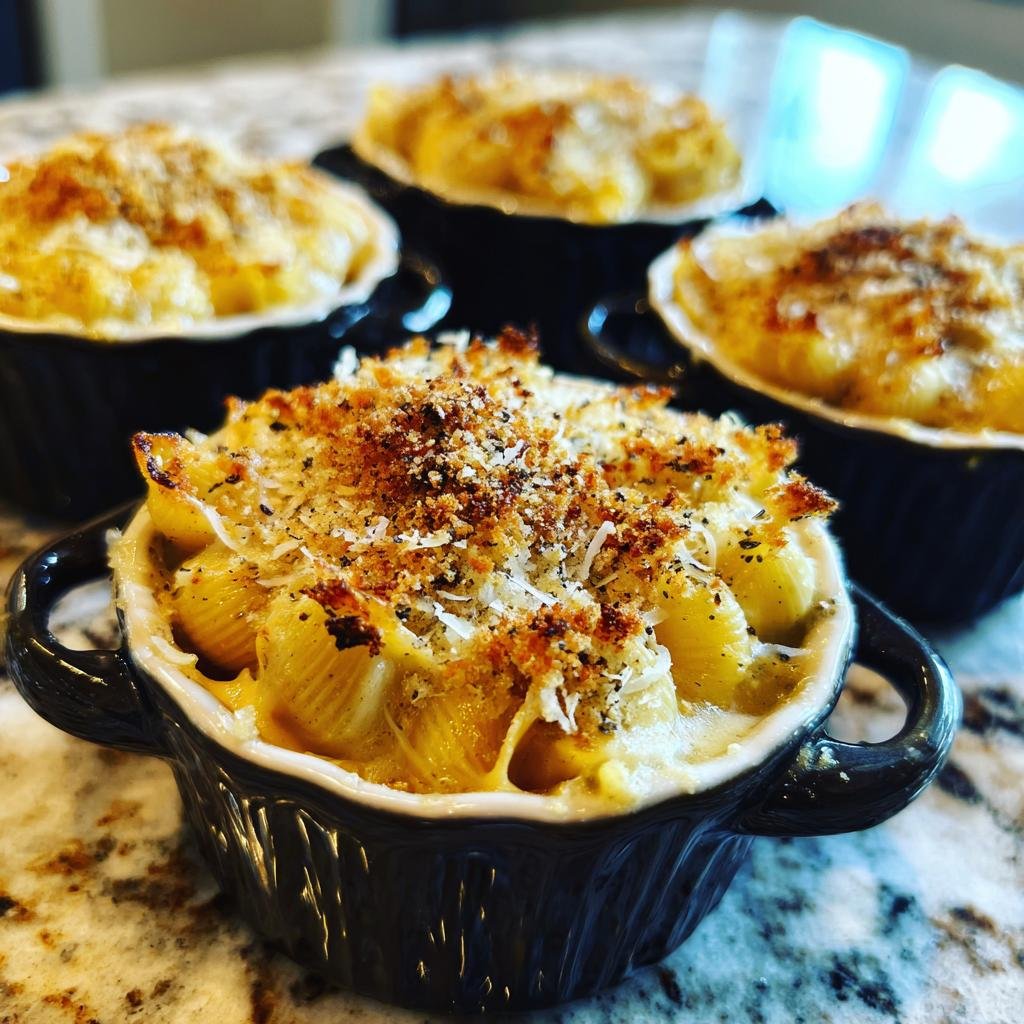 Four Pumpkin Alfredo Pasta Cauldrons, topped with breadcrumbs and parmesan, ready to serve.