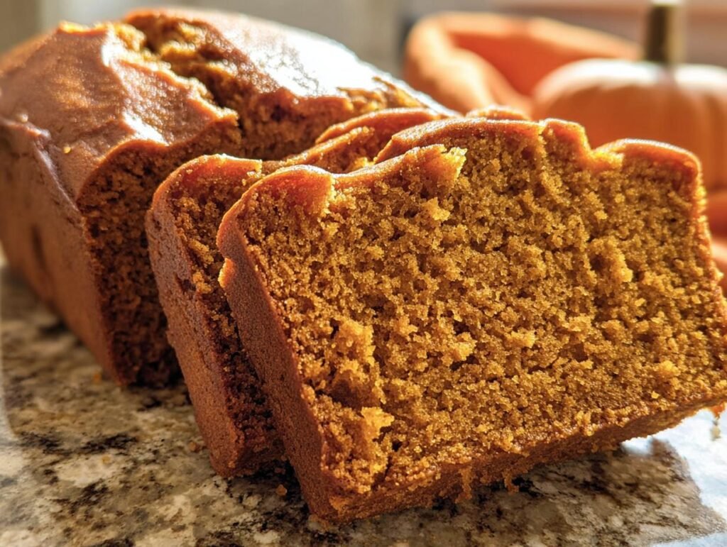 Close-up of sliced pumpkin bread loaf, showcasing its moist texture and warm color.