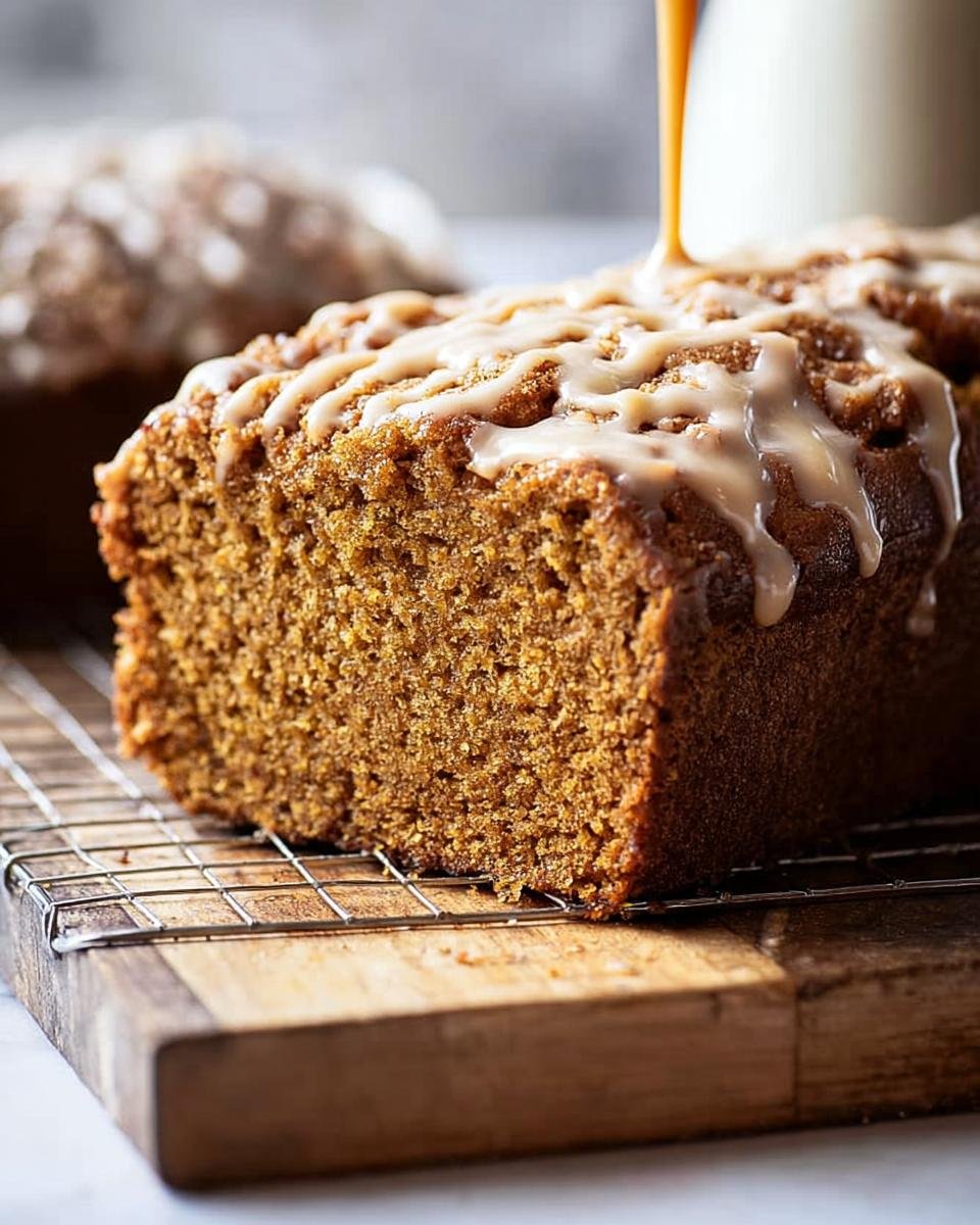 Close-up of Pumpkin Bread with Maple Glaze being drizzled on top, sitting on a wire rack.
