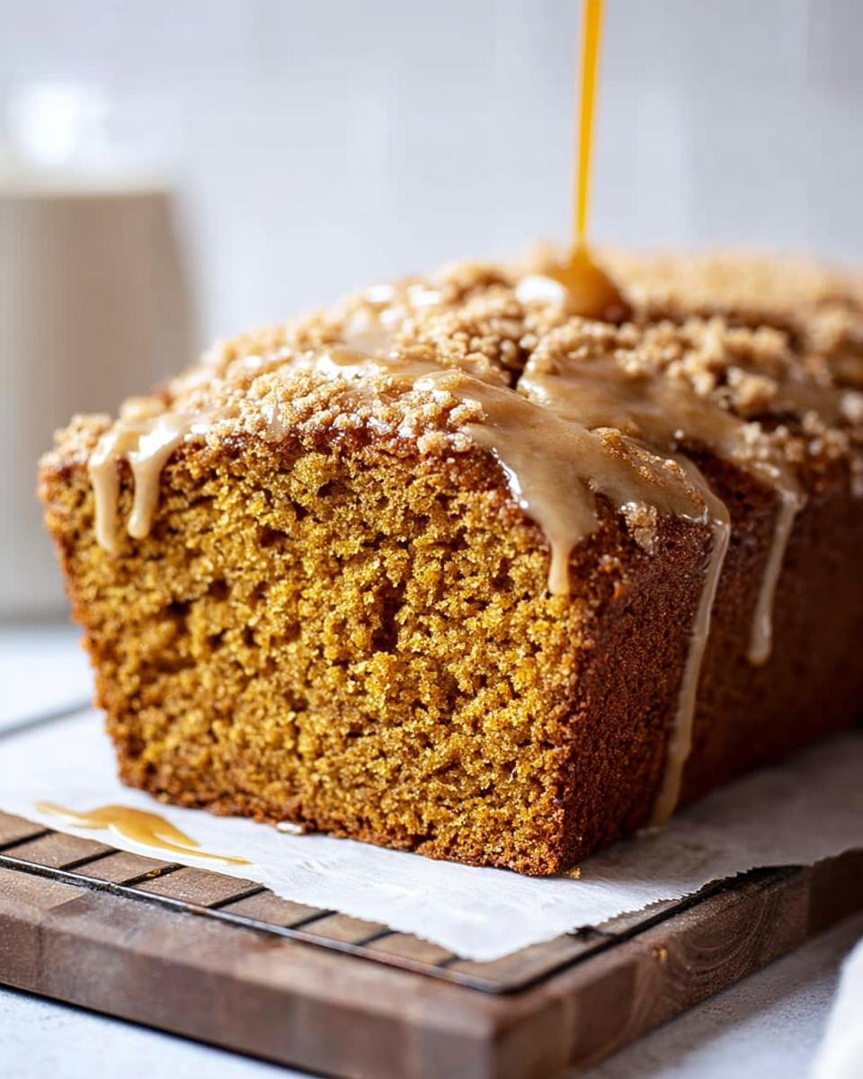 Maple glaze being drizzled onto a loaf of Pumpkin Bread with Maple Glaze on a wire rack.