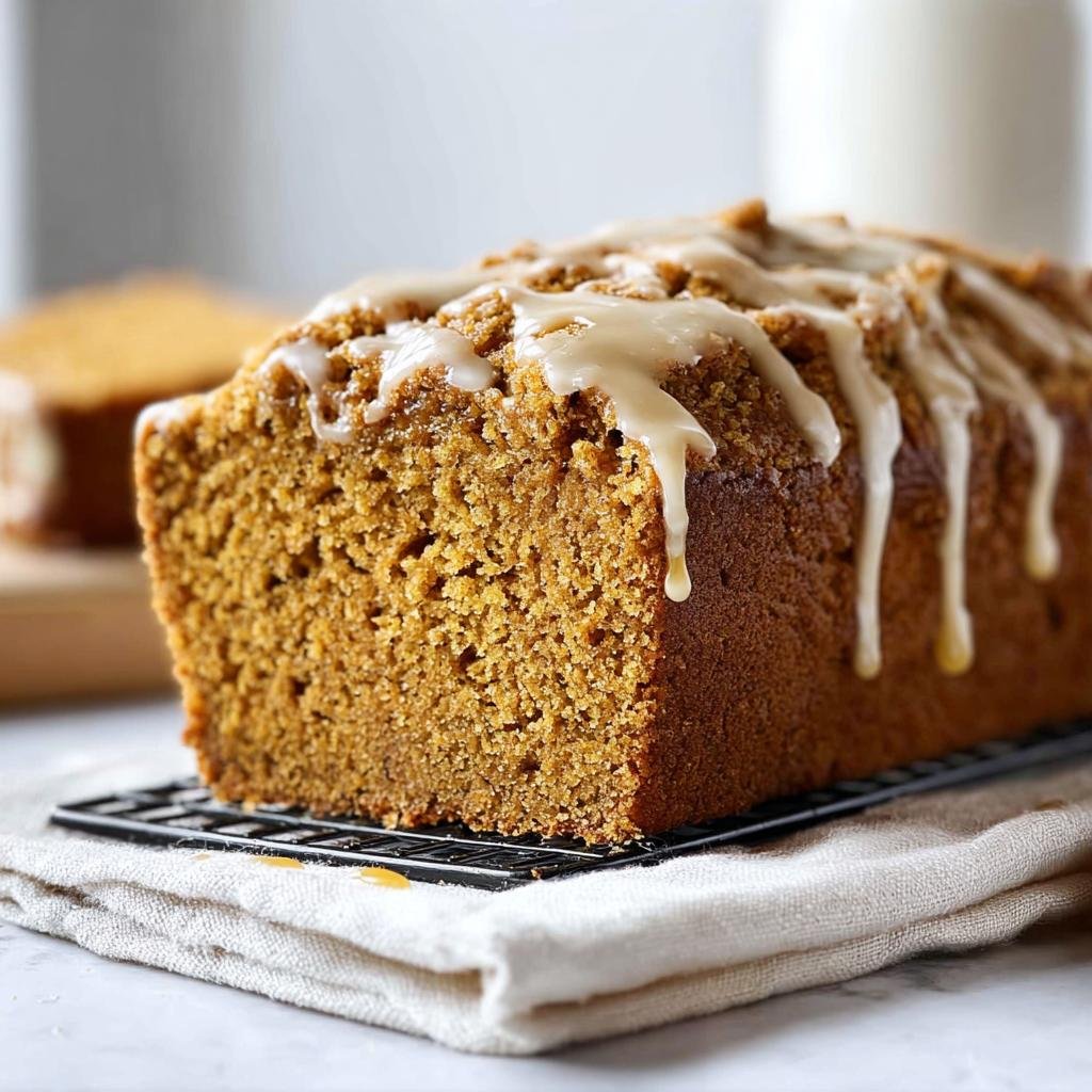 A loaf of Pumpkin Bread with Maple Glaze, drizzled and delicious on a cooling rack.