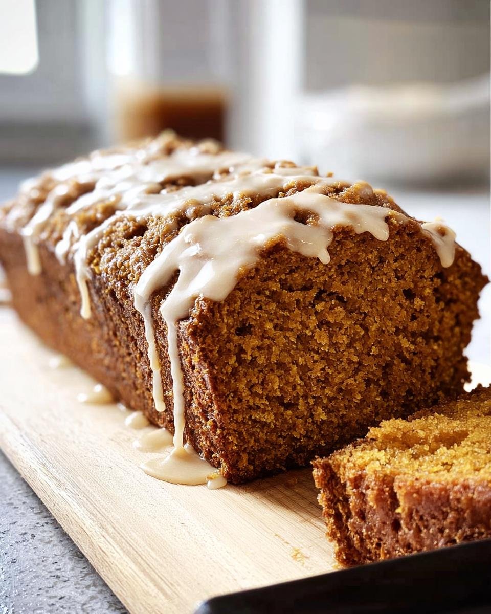 A loaf of Pumpkin Bread with Maple Glaze, drizzled icing, and a slice cut on a wooden board.