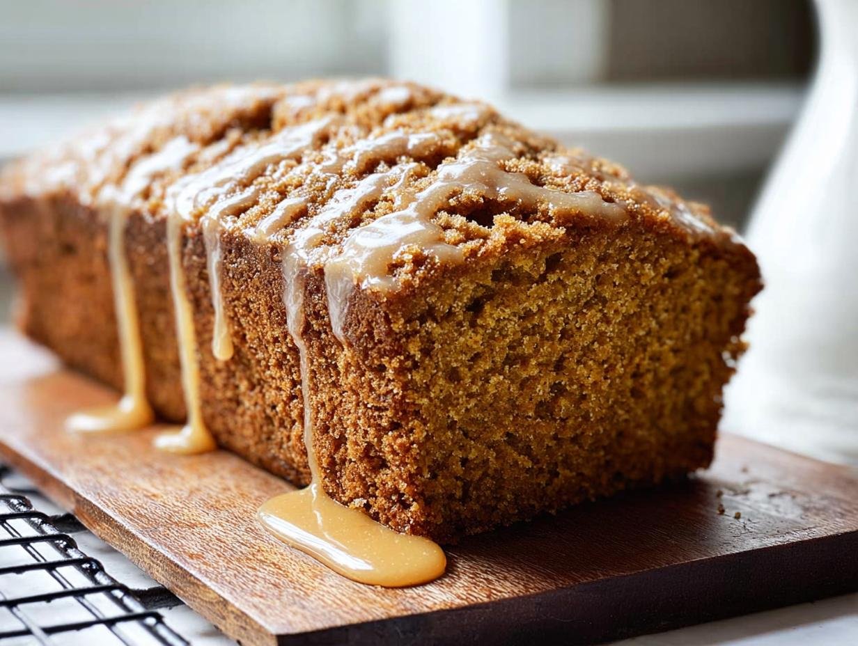 A loaf of Pumpkin Bread with Maple Glaze, drizzled on top and pooling at the base on a wooden board.